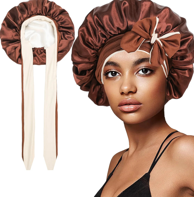 Women’s Double-Layer Satin Sleep Cap – Adjustable Elastic Tie Band Night Bonnet & Shower Cap for Hair Protection