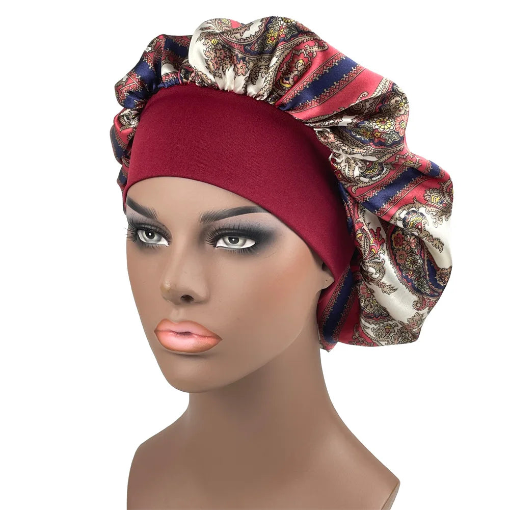 Large Satin Bonnet Paisley Print Sleep Cap for Women Night Hair Protection Designer Style