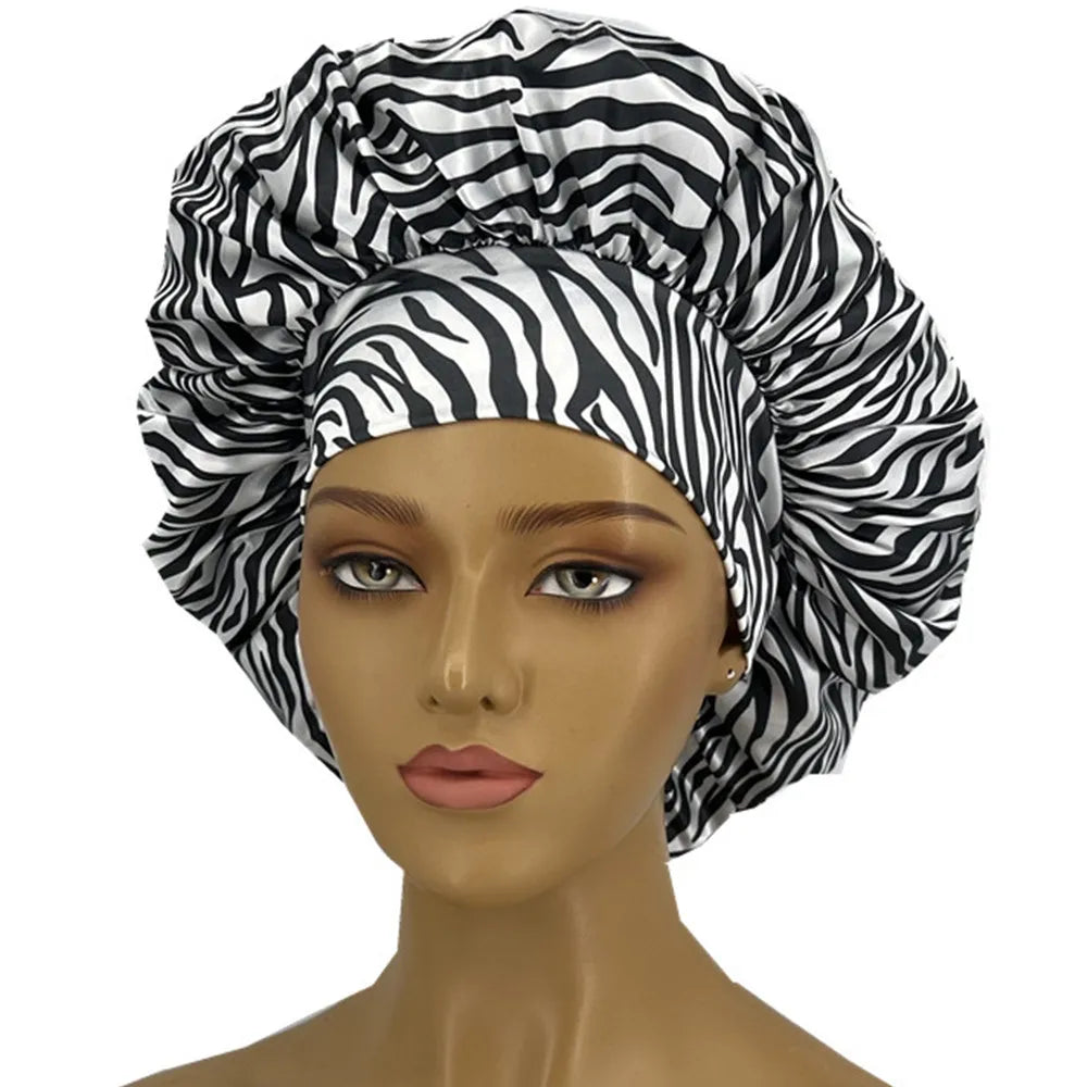 Zebra Print and Leopard Print Satin Bonnets for Women – Soft Curl-Enhancing Sleep Cap with Wide Elastic Band for Dry & Textured Hair