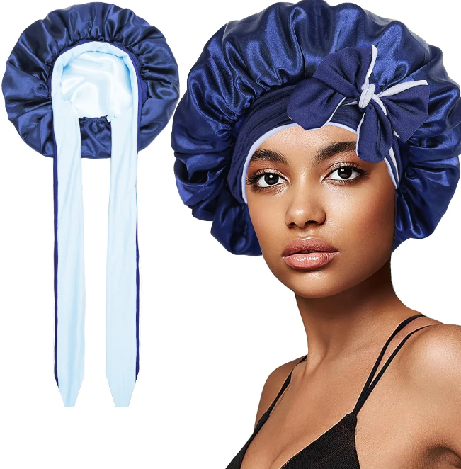 Women’s Double-Layer Satin Sleep Cap – Adjustable Elastic Tie Band Night Bonnet & Shower Cap for Hair Protection