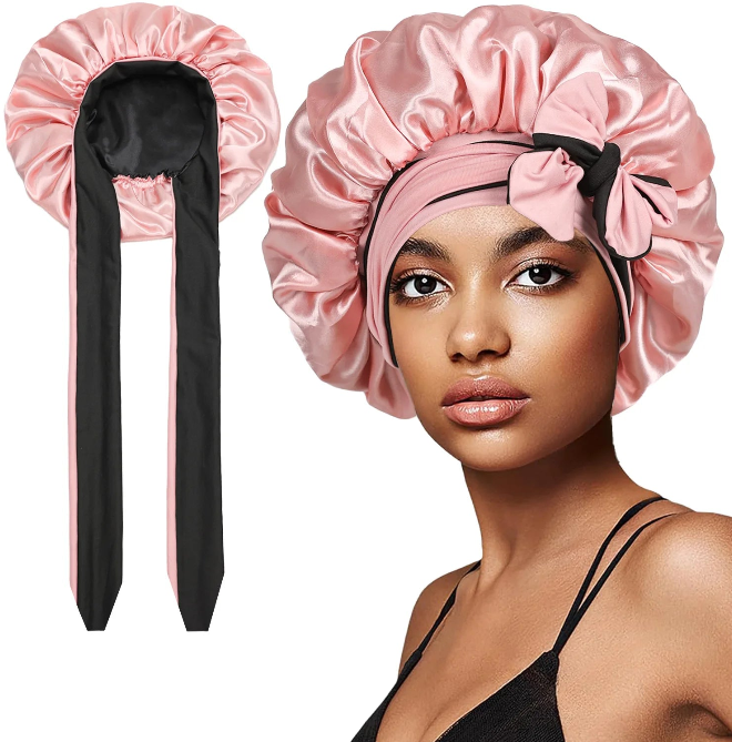 Women’s Double-Layer Satin Sleep Cap – Adjustable Elastic Tie Band Night Bonnet & Shower Cap for Hair Protection