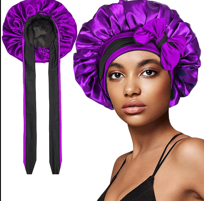 Women’s Double-Layer Satin Sleep Cap – Adjustable Elastic Tie Band Night Bonnet & Shower Cap for Hair Protection