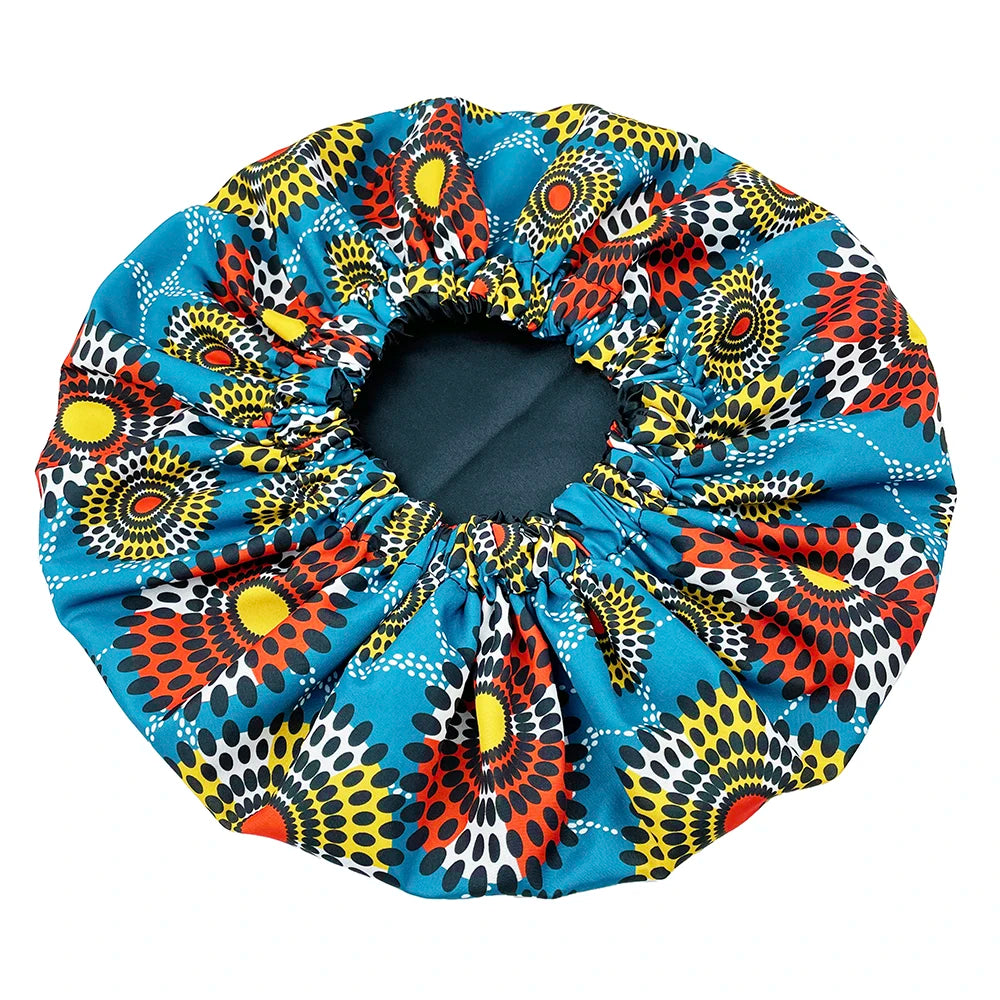 African Print Extra Large Satin Bonnet for Women – Double-Layer Reversible Sleep Cap for Curly & Natural Hair