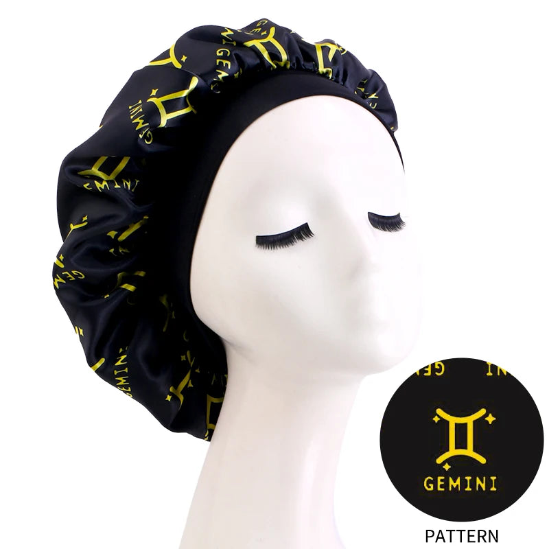 Constellation Print Satin Bonnet Sleeping Cap Elastic Zodiac Sign Nightcap Hair Care Turban Washing Face Skin-caring Make-up Hat