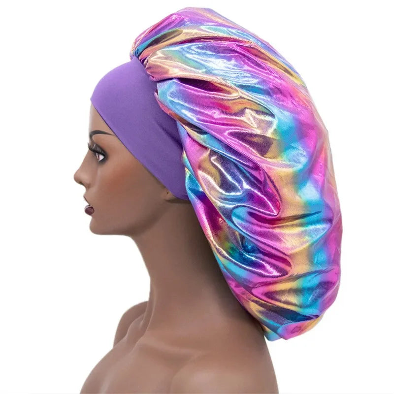 Women’s Large Laser-Color Satin Sleeping Cap – Silky Elastic Bonnet, Soft Glam Night Hair Cover, Muslim Hijab Style Shower Cap for Beauty & Hair Care