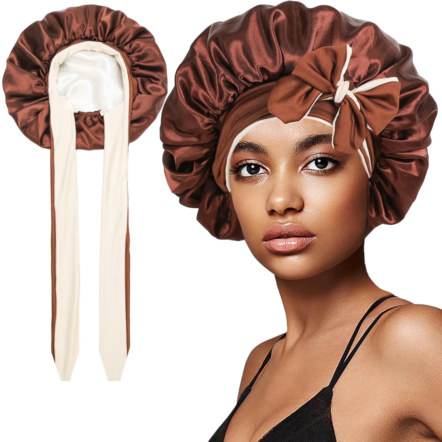 Women’s Double-Layer Satin Sleep Cap – Adjustable Elastic Tie Band Night Bonnet & Shower Cap for Hair Protection