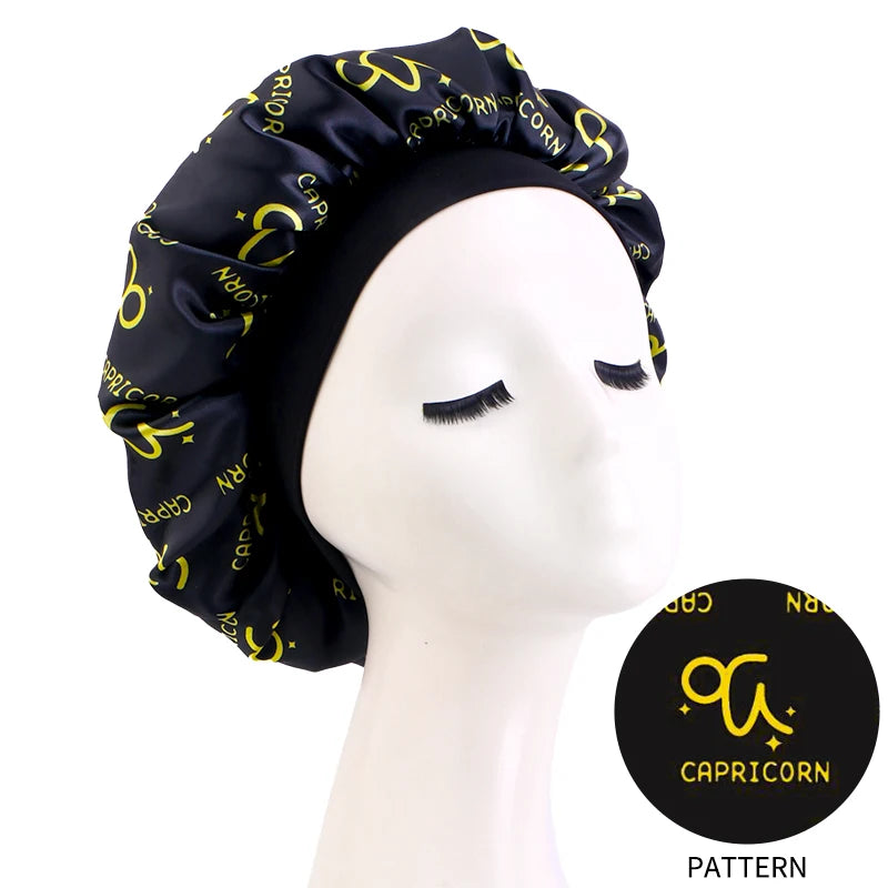 Constellation Print Satin Bonnet Sleeping Cap Elastic Zodiac Sign Nightcap Hair Care Turban Washing Face Skin-caring Make-up Hat