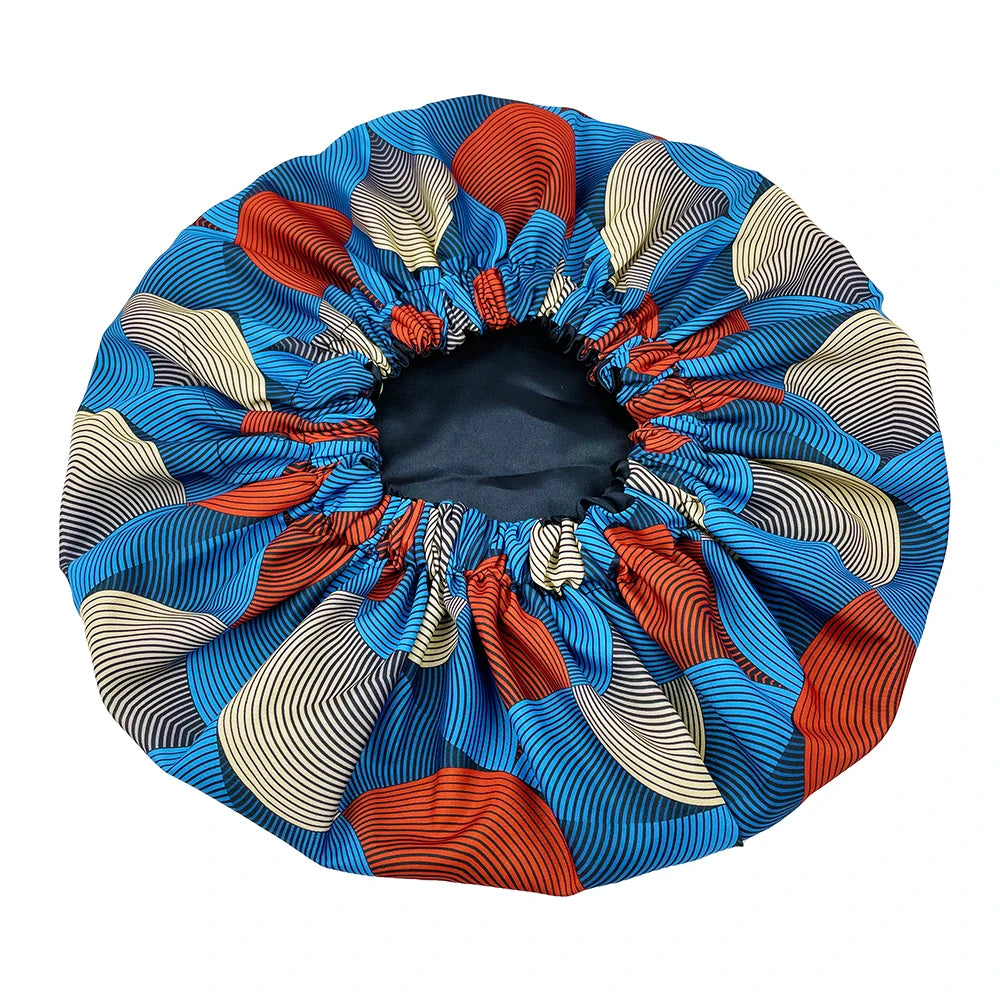 African Print Extra Large Satin Bonnet for Women – Double-Layer Reversible Sleep Cap for Curly & Natural Hair