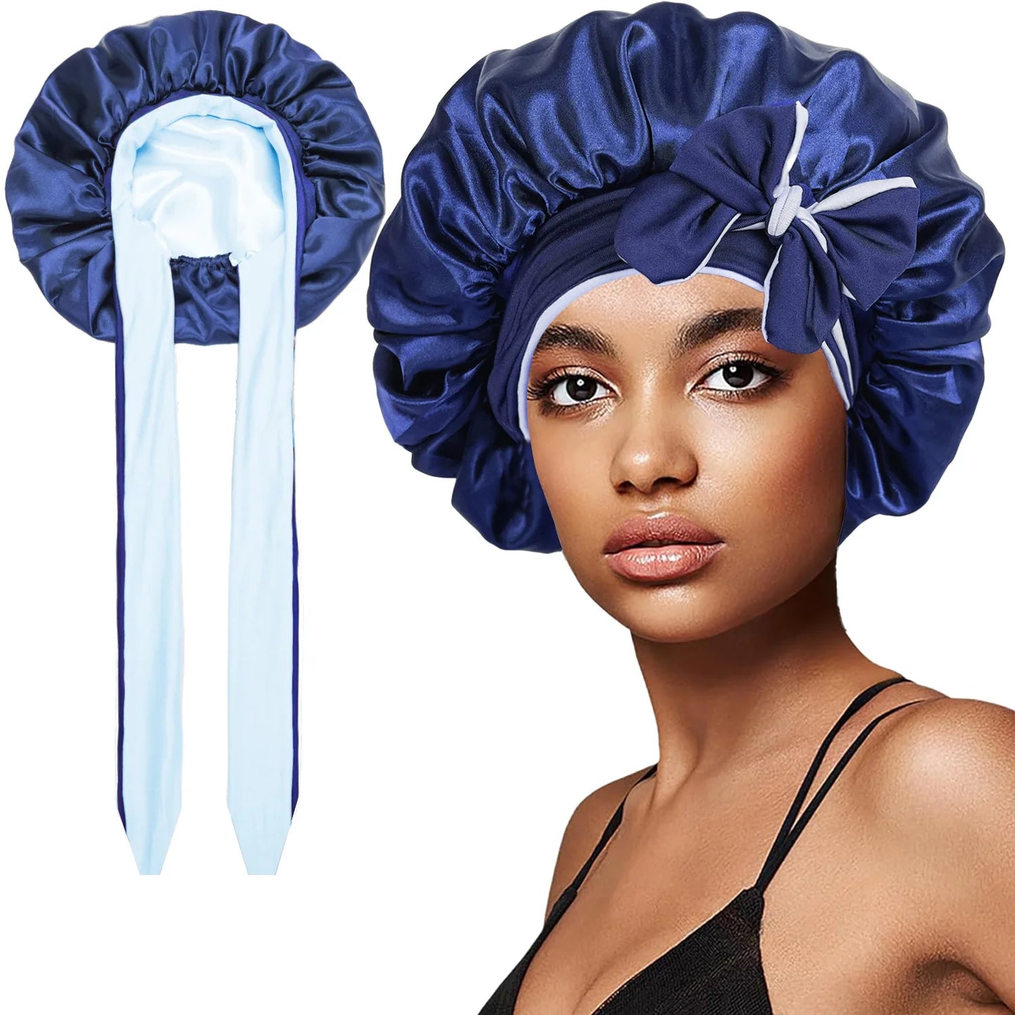 Women’s Double-Layer Satin Sleep Cap – Adjustable Elastic Tie Band Night Bonnet & Shower Cap for Hair Protection