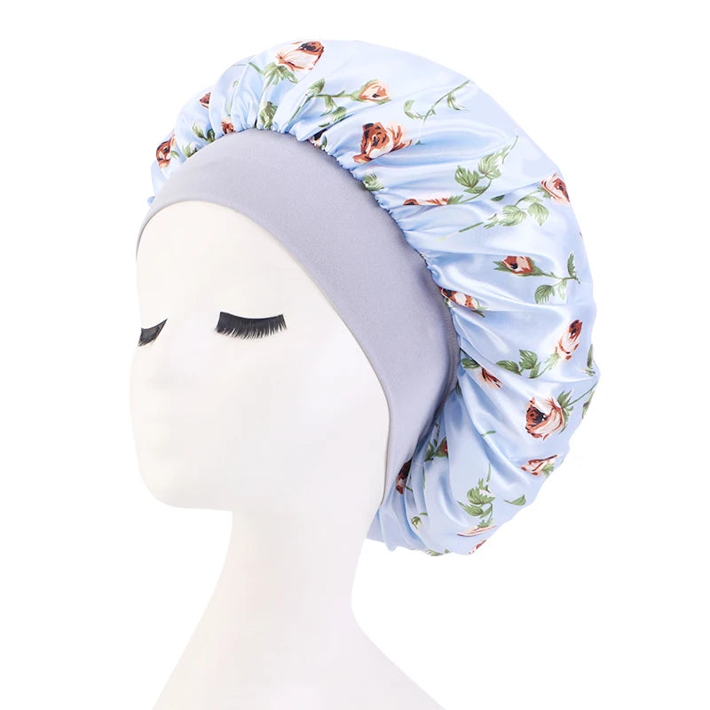 Rose Print Satin Sleep Bonnet for Women – Wide Band Headwrap Night Cap for Hair Protection