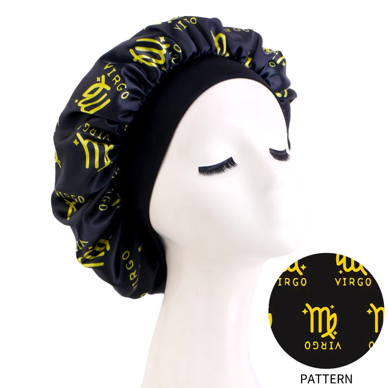 Constellation Print Satin Bonnet Sleeping Cap Elastic Zodiac Sign Nightcap Hair Care Turban Washing Face Skin-caring Make-up Hat