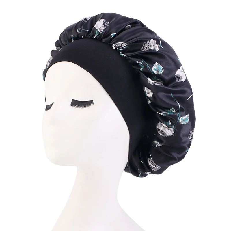 Rose Print Satin Sleep Bonnet for Women – Wide Band Headwrap Night Cap for Hair Protection