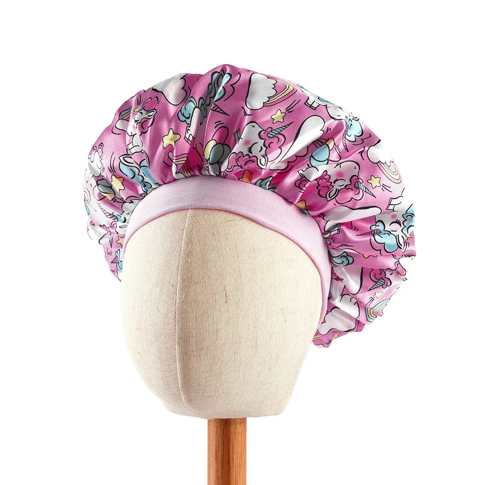 Baby Unicorn Satin Sleep Cap – Wide Band Kids Bonnet, Soft Cartoon Print Night Hat for Babies & Toddlers