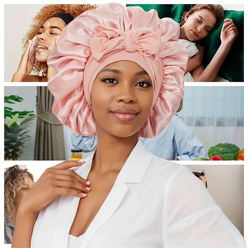 2-Pack Satin Sleep Bonnets – Pink & Black Tie-Band Night Caps for Soft Hair Care & Multi-Use Protection