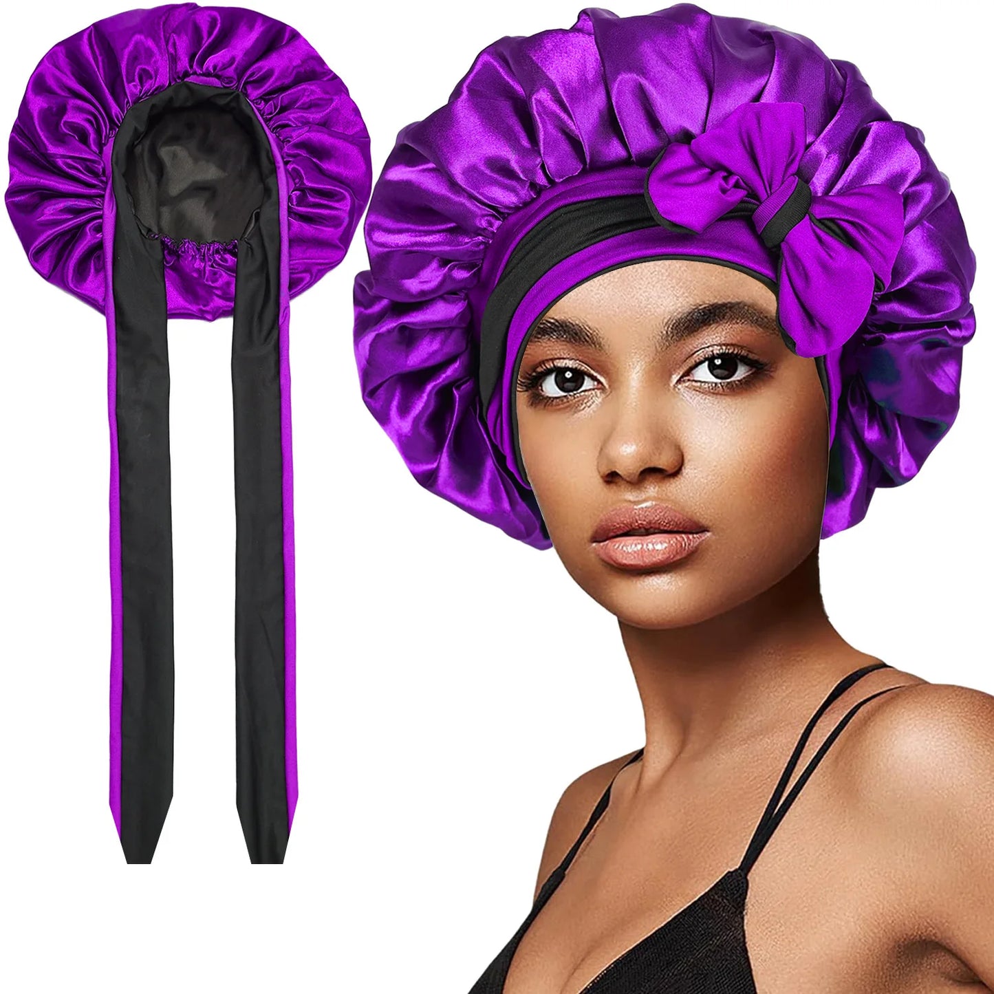 Women’s Double-Layer Satin Sleep Cap – Adjustable Elastic Tie Band Night Bonnet & Shower Cap for Hair Protection