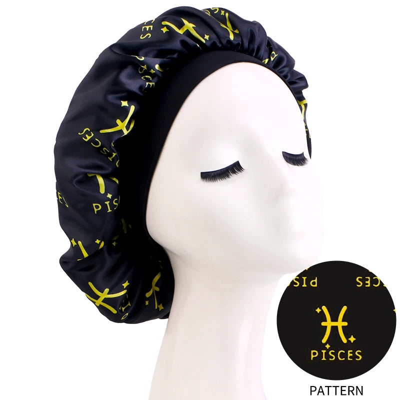 Constellation Print Satin Bonnet Sleeping Cap Elastic Zodiac Sign Nightcap Hair Care Turban Washing Face Skin-caring Make-up Hat