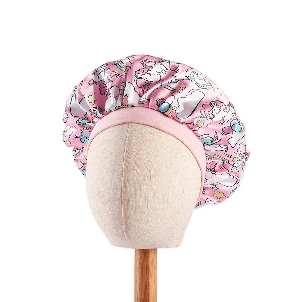 Baby Unicorn Satin Sleep Cap – Wide Band Kids Bonnet, Soft Cartoon Print Night Hat for Babies & Toddlers