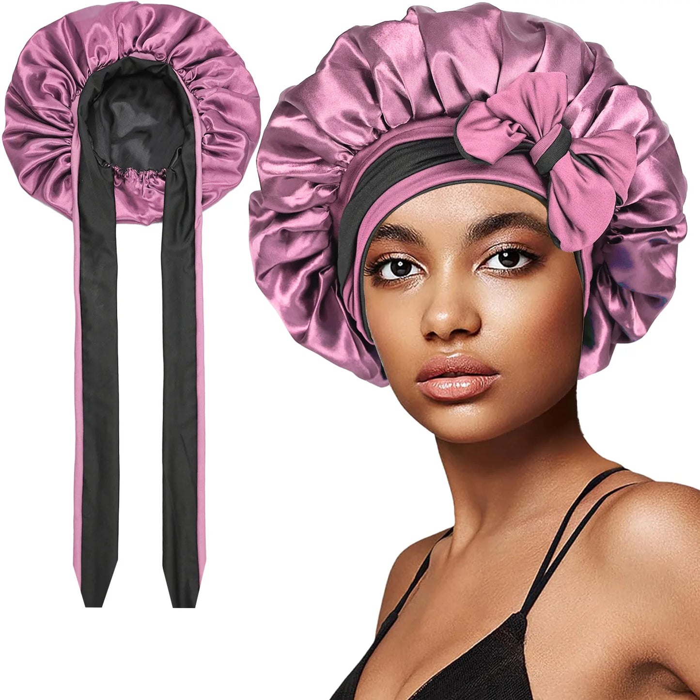 Women’s Double-Layer Satin Sleep Cap – Adjustable Elastic Tie Band Night Bonnet & Shower Cap for Hair Protection