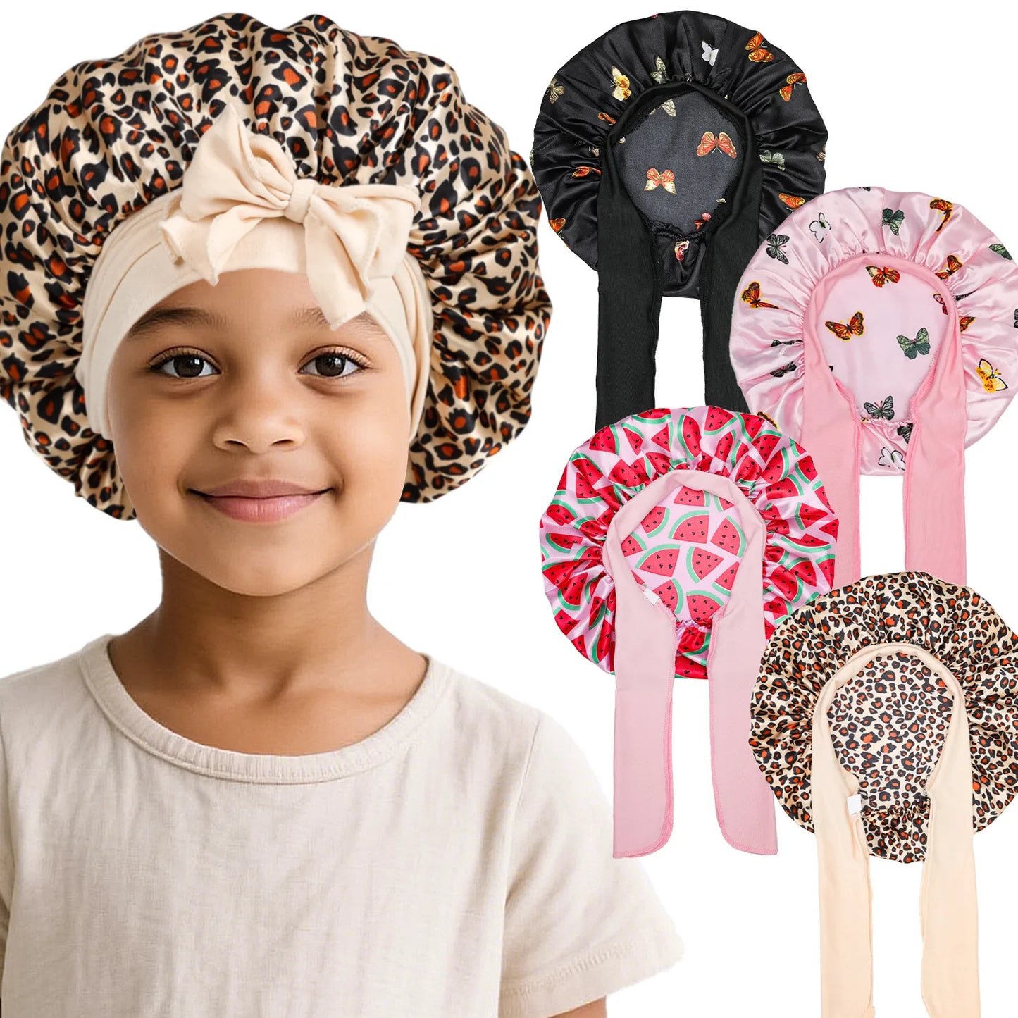 Kids Satin Bonnet – Print Sleep Cap with Wide Elastic Band & Ribbon Tie