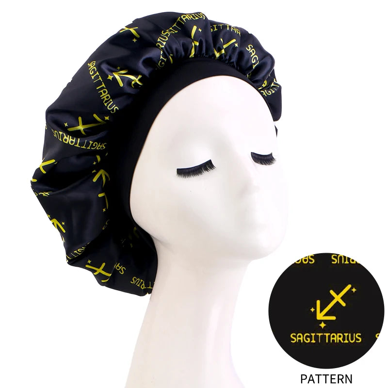 Constellation Print Satin Bonnet Sleeping Cap Elastic Zodiac Sign Nightcap Hair Care Turban Washing Face Skin-caring Make-up Hat