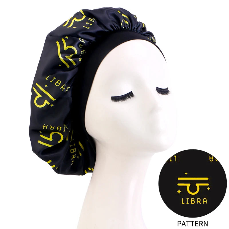 Constellation Print Satin Bonnet Sleeping Cap Elastic Zodiac Sign Nightcap Hair Care Turban Washing Face Skin-caring Make-up Hat