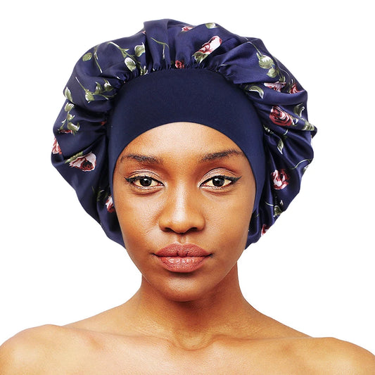 Rose Print Satin Sleep Bonnet for Women – Wide Band Headwrap Night Cap for Hair Protection