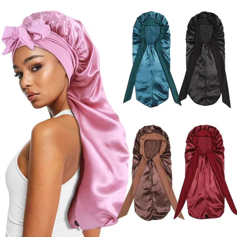 Soft Silky Long Satin Bonnet for Women – Extra-Large Tie Band Sleep Cap for Natural & Curly Hair | Luxe Silky Night Hair Protection