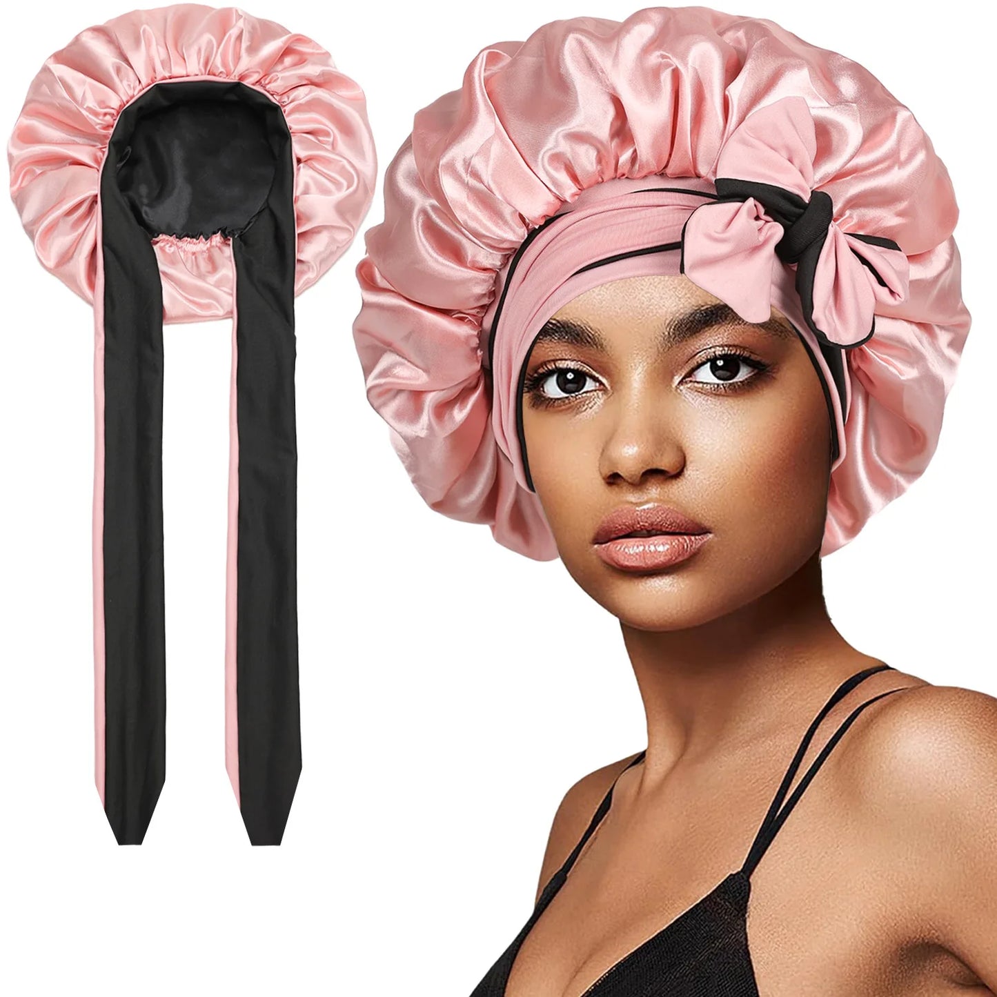 Women’s Double-Layer Satin Sleep Cap – Adjustable Elastic Tie Band Night Bonnet & Shower Cap for Hair Protection