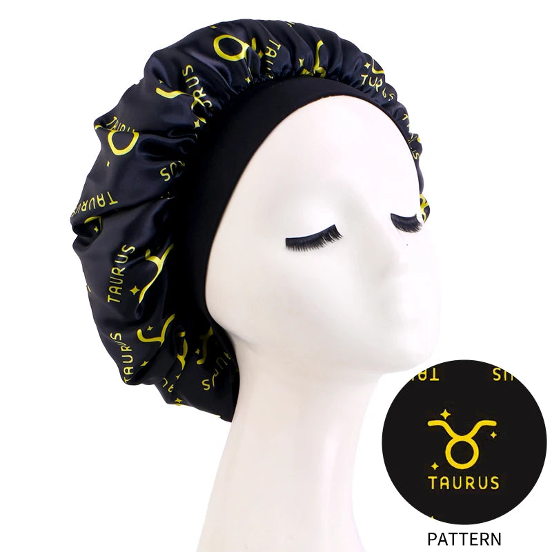 Constellation Print Satin Bonnet Sleeping Cap Elastic Zodiac Sign Nightcap Hair Care Turban Washing Face Skin-caring Make-up Hat