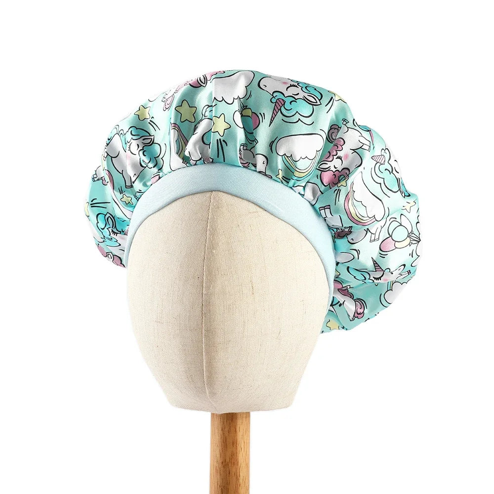 Baby Unicorn Satin Sleep Cap – Wide Band Kids Bonnet, Soft Cartoon Print Night Hat for Babies & Toddlers