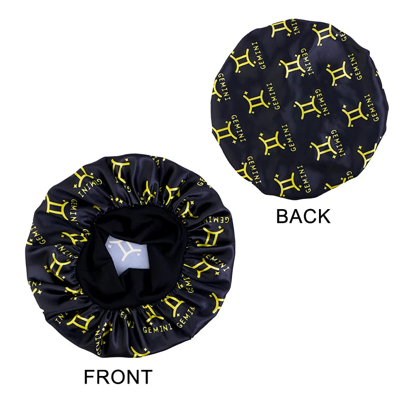 Constellation Print Satin Bonnet Sleeping Cap Elastic Zodiac Sign Nightcap Hair Care Turban Washing Face Skin-caring Make-up Hat