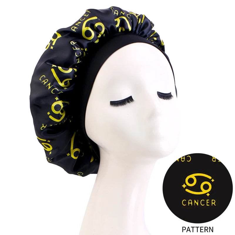 Constellation Print Satin Bonnet Sleeping Cap Elastic Zodiac Sign Nightcap Hair Care Turban Washing Face Skin-caring Make-up Hat
