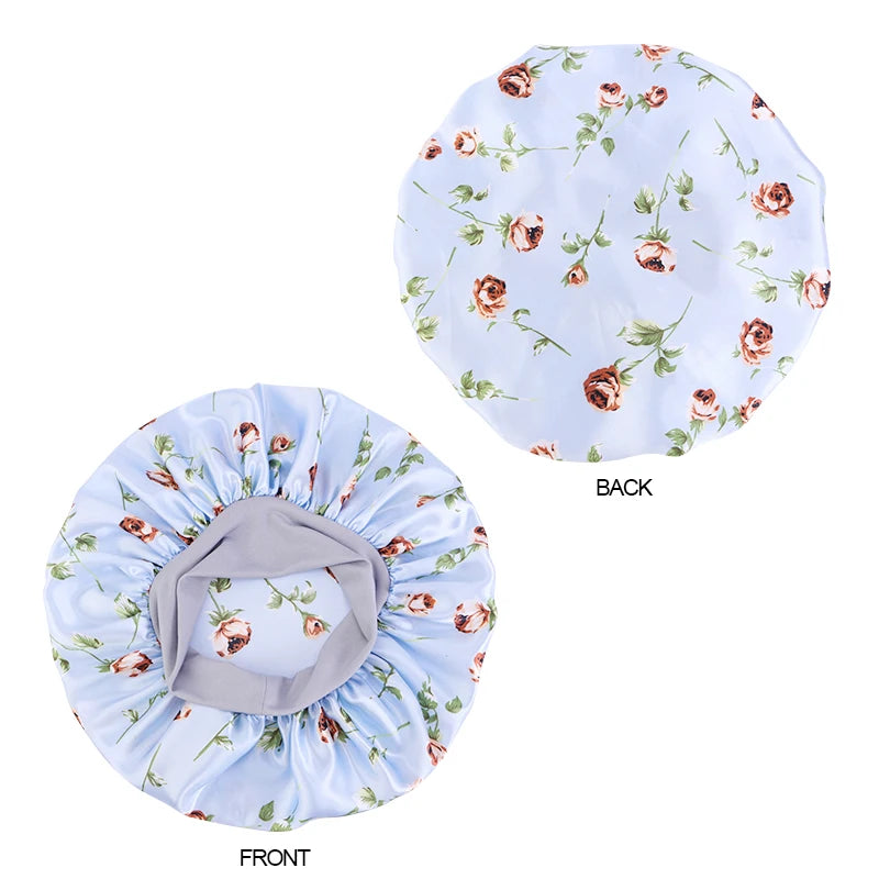 Rose Print Satin Sleep Bonnet for Women – Wide Band Headwrap Night Cap for Hair Protection
