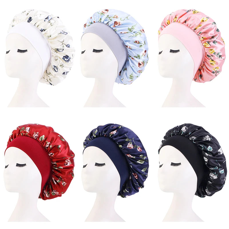 Rose Print Satin Sleep Bonnet for Women – Wide Band Headwrap Night Cap for Hair Protection