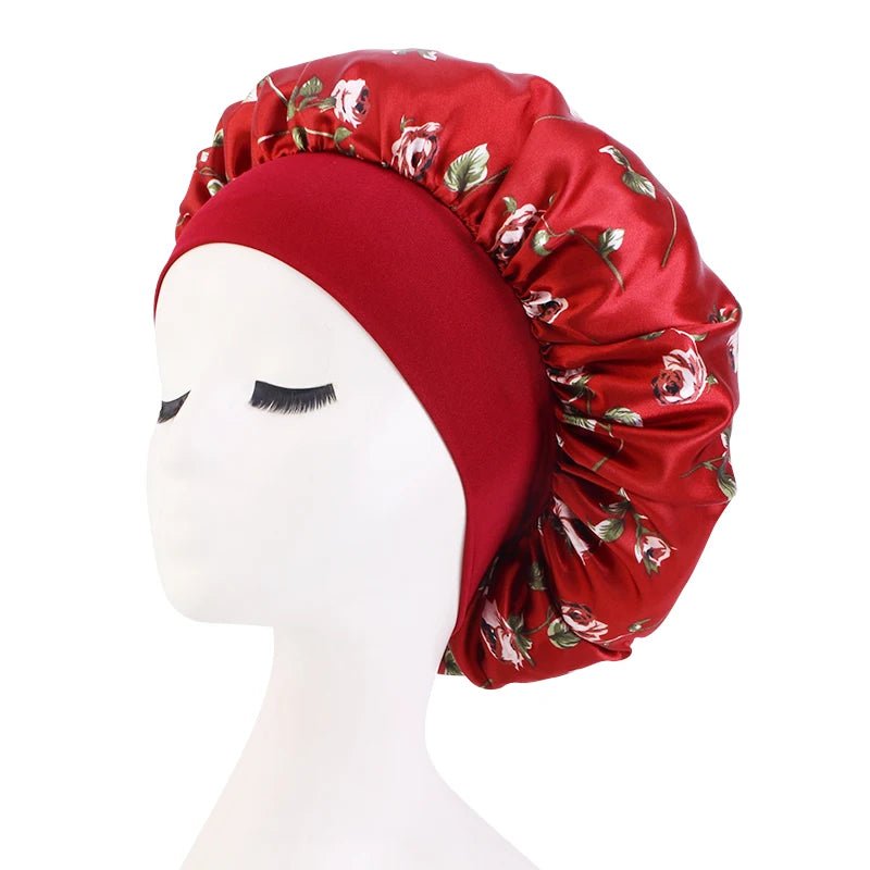Rose Print Satin Sleep Bonnet for Women – Wide Band Headwrap Night Cap for Hair Protection