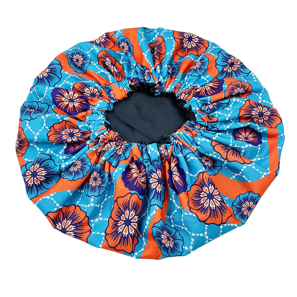 African Print Extra Large Satin Bonnet for Women – Double-Layer Reversible Sleep Cap for Curly & Natural Hair