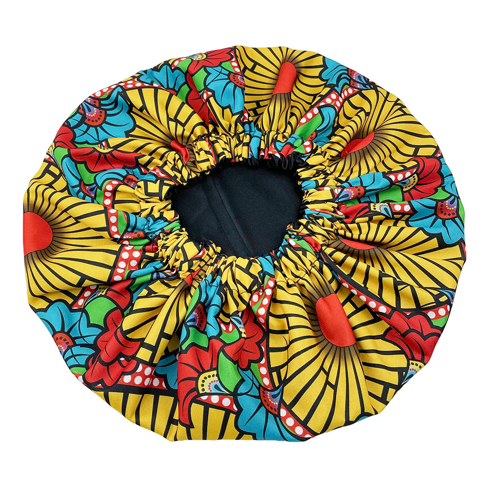 African Print Extra Large Satin Bonnet for Women – Double-Layer Reversible Sleep Cap for Curly & Natural Hair
