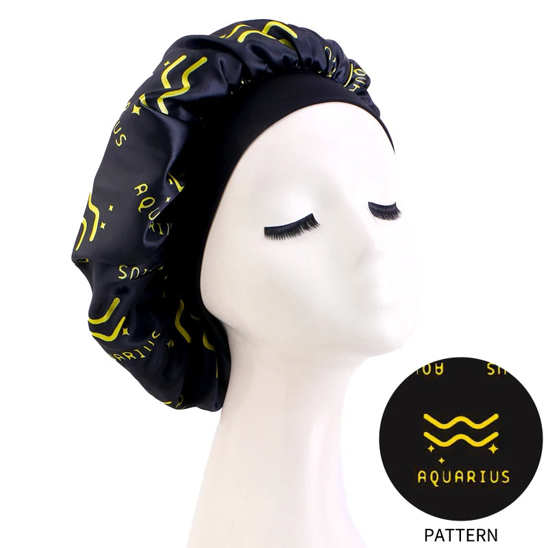 Constellation Print Satin Bonnet Sleeping Cap Elastic Zodiac Sign Nightcap Hair Care Turban Washing Face Skin-caring Make-up Hat