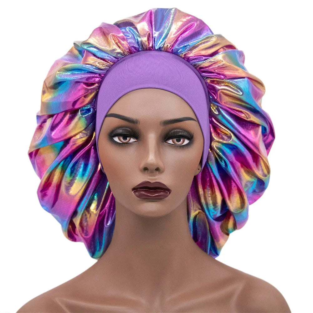 Women’s Large Laser-Color Satin Sleeping Cap – Silky Elastic Bonnet, Soft Glam Night Hair Cover, Muslim Hijab Style Shower Cap for Beauty & Hair Care