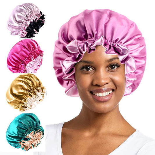 Reversible Double-Layer Satin Sleep Bonnet for Women – Elastic Nightcap for Hair Protection