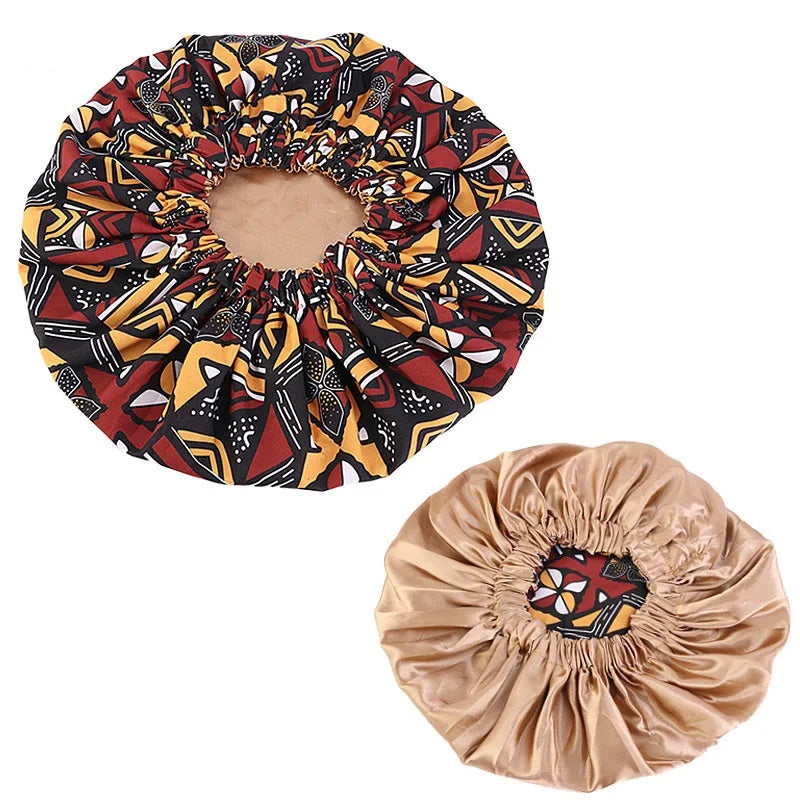 African Print Extra Large Satin Bonnet for Women – Double-Layer Reversible Sleep Cap for Curly & Natural Hair
