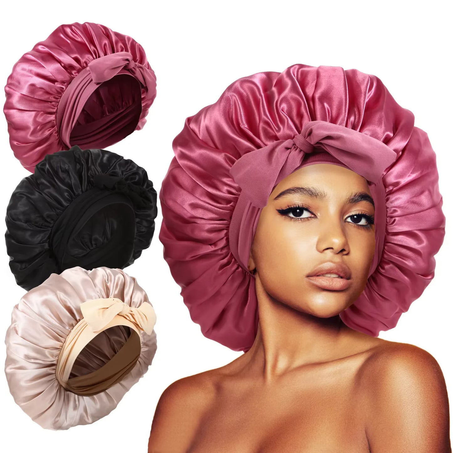 Large Satin Sleep Bonnet for Women – Silky Night Cap with Adjustable Tie Band for Curly & Braided Hair