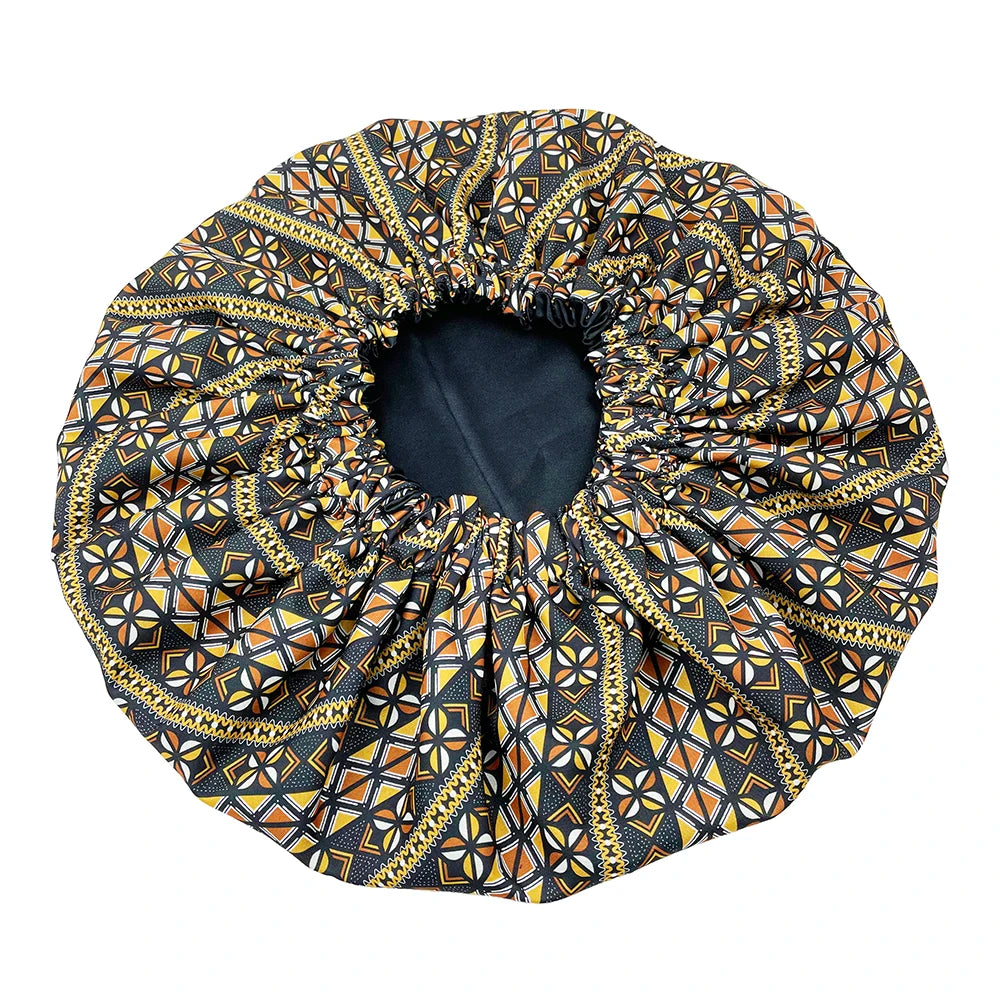 African Print Extra Large Satin Bonnet for Women – Double-Layer Reversible Sleep Cap for Curly & Natural Hair