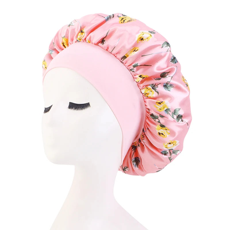 Rose Print Satin Sleep Bonnet for Women – Wide Band Headwrap Night Cap for Hair Protection