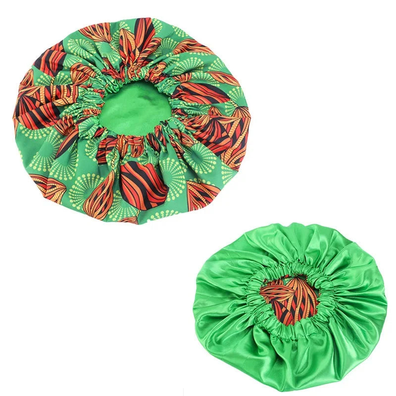 African Print Extra Large Satin Bonnet for Women – Double-Layer Reversible Sleep Cap for Curly & Natural Hair