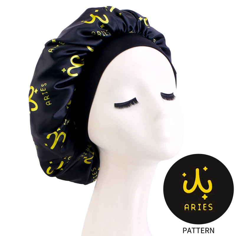Constellation Print Satin Bonnet Sleeping Cap Elastic Zodiac Sign Nightcap Hair Care Turban Washing Face Skin-caring Make-up Hat