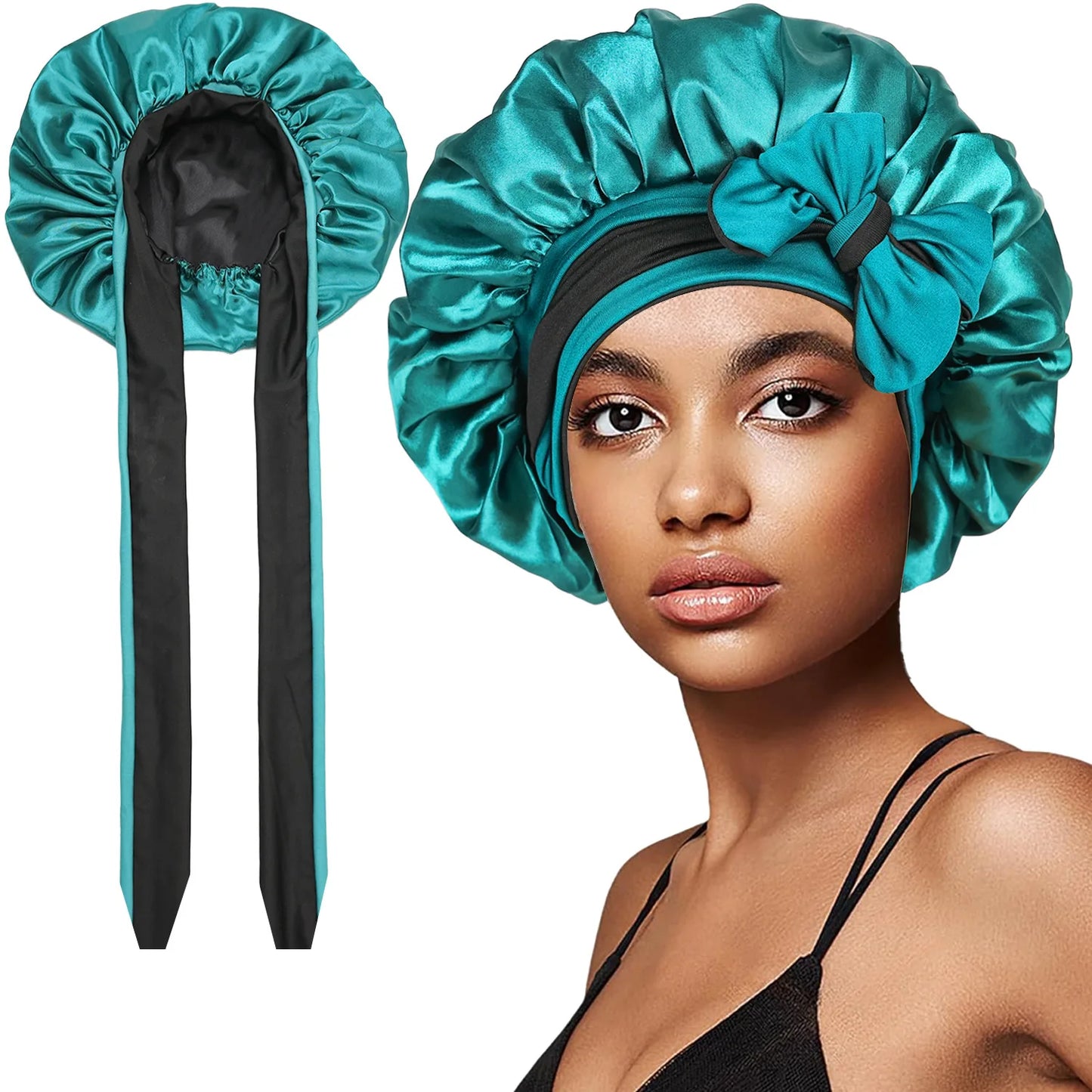 Women’s Double-Layer Satin Sleep Cap – Adjustable Elastic Tie Band Night Bonnet & Shower Cap for Hair Protection