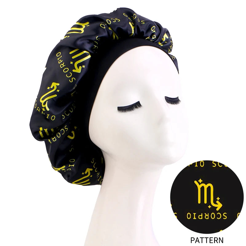 Constellation Print Satin Bonnet Sleeping Cap Elastic Zodiac Sign Nightcap Hair Care Turban Washing Face Skin-caring Make-up Hat