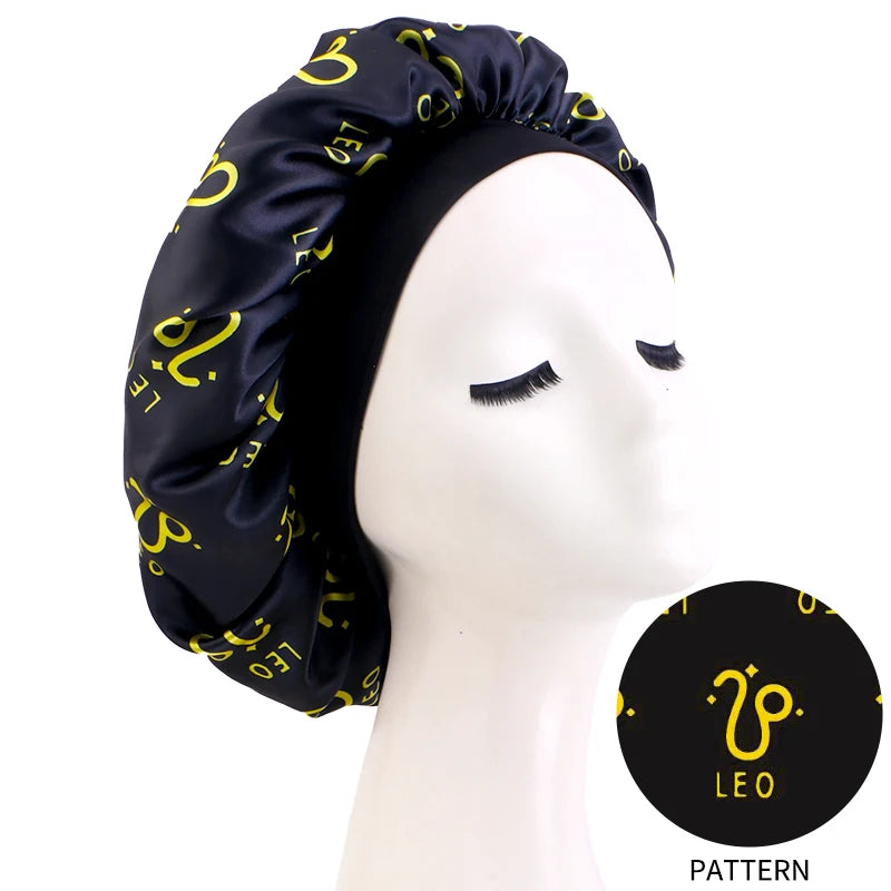 Constellation Print Satin Bonnet Sleeping Cap Elastic Zodiac Sign Nightcap Hair Care Turban Washing Face Skin-caring Make-up Hat