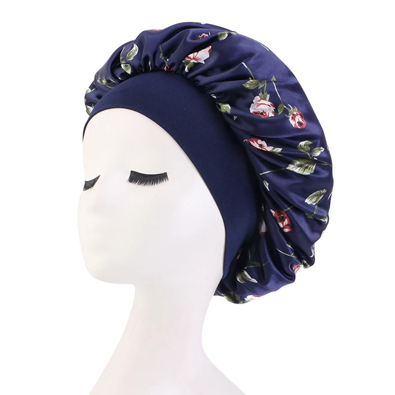 Rose Print Satin Sleep Bonnet for Women – Wide Band Headwrap Night Cap for Hair Protection